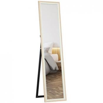 Espejo de Cuerpo Entero 157x37 cm con Marco de MDF y Soporte para Pie o Pared en Blanco y Natural para Salón y Dormitorio