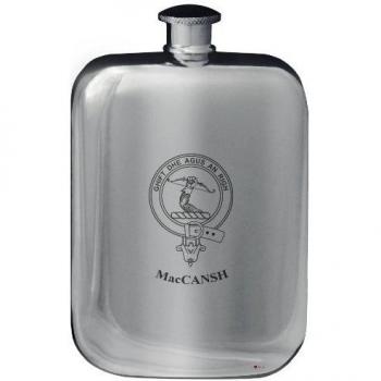 MacCansh Family Crest Design Pocket Hip Flask 6oz Rounded Polished Pewter