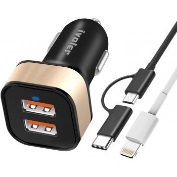 iVoler Dual Quick Charge 3.0 36W 2 Puertos USB Cargador de Coche [2*QC 3.0 Puerto] con Cable de 2 en 1 de Micro USB y Tipo C
