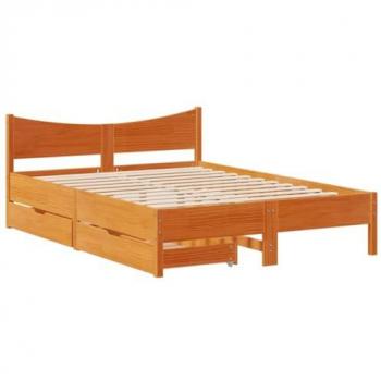 Estructura de cama con cajones de madera maciza de pino en color marrón, dimensiones 140x200 cm