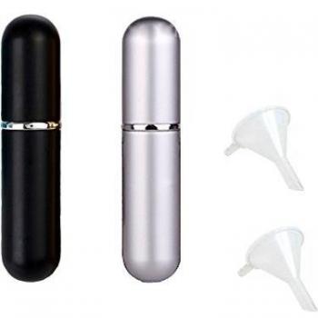 Pack de 4 negro y plata color 5 ml Mini portátil recargable fragancia perfume Aftershave aroma atomizador vacío botella de Spray con 2 embudo de llenado para bolso de viaje
