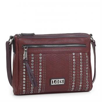 Lois - Bolso de Mujer Bandolera Ajustable. Doble Compartimento Central con Cremallera. Llavero y Remaches. Piel sintética Polipiel 94449, Color Granate