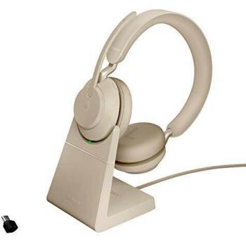 Jabra Evolve2 65 Auriculares Inalámbricos Estéreo con Soporte de Carga - Certificados para Microsoft Teams - Batería de Larga Duración - Adaptador Bluetooth USB-C - Beige