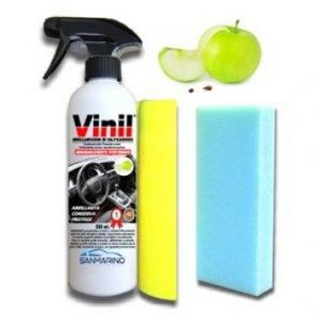 LIMPIARCOCHE.COM SANMARINO ABRILLANTADOR SALPICADEROS Efecto Coche Nuevo con Pistola 500 ML. + BAYETA + Esponja. Aroma Manzana