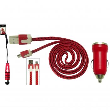 Emartbuy Trenzado Piso Trio Paquete para Samsung Galaxy Star 2- Rojo Conector para cargador de coche USB 1 Amp + Rojo Mini Metallic Lápiz Óptico + Trenzado Rojo / Negro Cable Plano Antienredos para Transferencia de Datos y Cargador Micro USB Sync