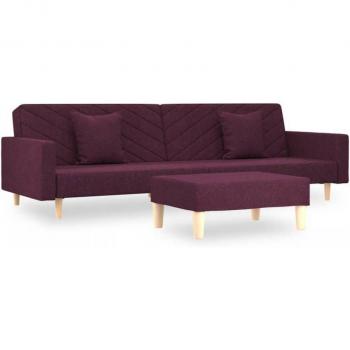Sofá cama 2 plazas con reposapiés y 2 cojines de tela morada