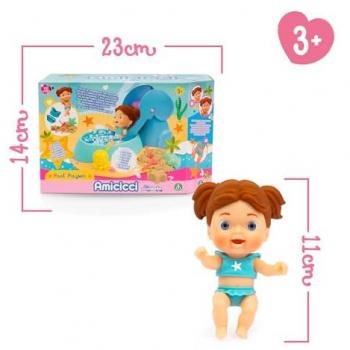 Cicciobello Amicicci Pool Playset, Piscina en Forma de Elefante, con Función de Burbujas, Arena Mágica, Pala, Molde de Estrella, Niña Morena con Bikini
