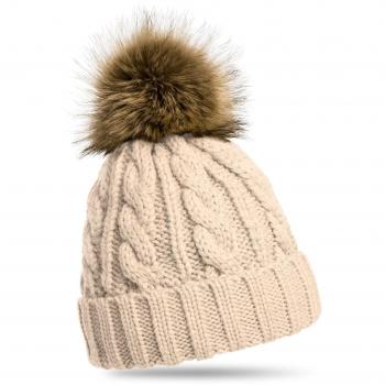 Caspar MU104 Gorro de Punto para Mujer con Pompón Grande de Piel Sintética, Color:beige, Talla:Talla Única