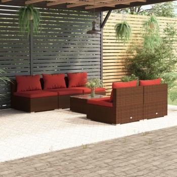 6-Piece Brown Poly Rattan Garden Lounge Set with Cushions