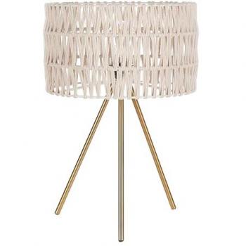 Lámpara de mesa moderna Culebra con pantalla de tela beige y dorada, base de trípode de hierro, luz única