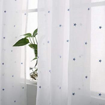 Deconovo Visillo Bordado para Ventana con Ollaos 2 Piezas 140 x 180 cm Azul Estrella