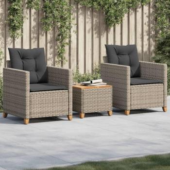 3-Piece Bistro Set with Gray Cushions, Poly Rattan and Acacia Wood