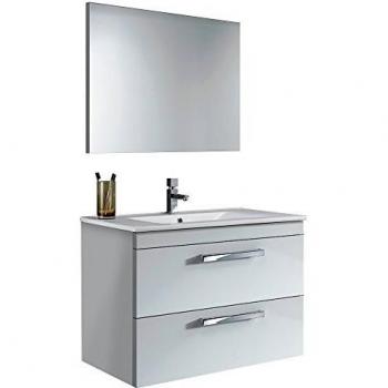 Mueble de baño suspendido con Espejo, Blanco Brillante, 2 cajones con Cierre Progresivo y Tiradores Modernos para Lavabo, 80 x 45 x 57 cm, no Incluye lavamanos