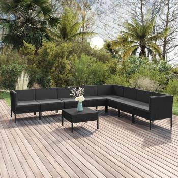 9-Piece Black Synthetic Rattan Garden Lounge Set with Cushions