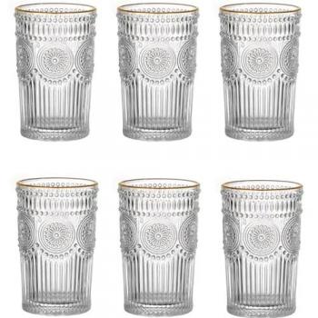 Set de 6 Vasos Transparentes de Cristal con Patrón Girasol, Aptos para Lavavajillas, 350 ml