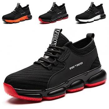 SROTER Unisex Zapatillas de Seguridad con Puntera de Acero Hombre Mujer Zapatos de Trabajo Transpirables Antideslizante Ligeras Comodas Zapatillas de Senderismo Negro Rojo 43 EU