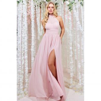 Goddiva Halterneck Chiffon Maxi Dress with Thigh Split - Light Pink