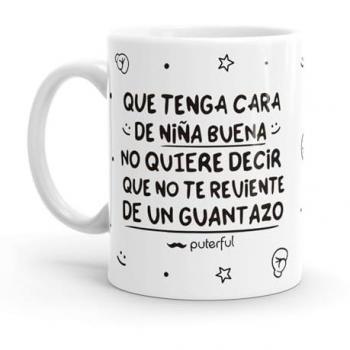 Taza Minimalista con Cara de Niña Buena - Original y Resistente al Microondas y Lavavajillas