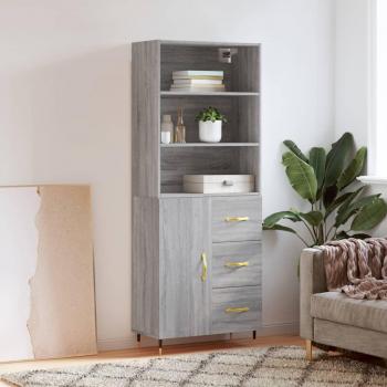 Aparador alto de madera contrachapada gris sonoma 69,5x34x180 cm con 1 puerta y 3 cajones, mueble de almacenaje moderno para salón