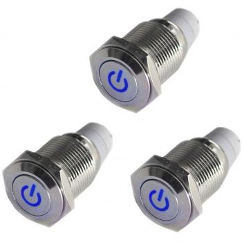 HOTSYSTEM Interruptor de boton de tipo de 16mm 12V,con luz de LED con icono de Energía materia metalica para Automovil,barco,etc,color de LED azul x 3 unidades