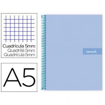 Cuaderno espiral liderpapel a5 micro crafty tapa forrada 120h 90 gr cuadro 5mm 5 bandas 6 taladros color celeste.