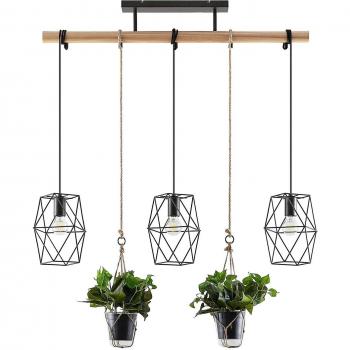 Lámpara colgante Lindby Mercan moderna con planta artificial, 3 luces E27, color marrón, hecha de madera para salón y comedor