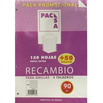 Recambio A4 Cuadrícula 4mm 90g/m² 200 Hojas (150+50 Gratis) Pack Promocional con 4 Taladros Pacsa