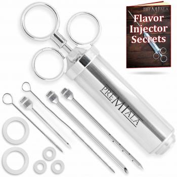 Premiala Único jeringa cocina de acero inox 304 en las partes que tocan la comida, +3 agujas, 5 juntas tóricas, eBook! Kit de 60 ml con jeringuilla cocina profesional inyector para carne inyector de salsas para marinar ternera, pollo y pavo!