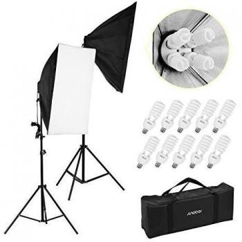 Andoer Kit de Luz Profesional para Fotografía de Estudio Que Incluye Cajas de Luz de 50 * 70 cm * Toma de luz 2/4-en-1 * 2 / 45W 5500K Bombillas * 10 / 2M Soporte de Luz * 2 / Bolsa de Transporte * 1