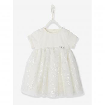 VERTBAUDET Vestido con Muselina Plateada bebé niña Blanco Irisado 24M