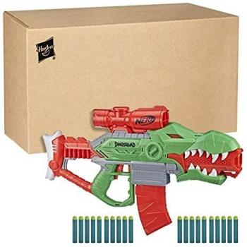 Nerf Lanzador de Dardos motorizado DinoSquad Rex-Rampage, Clip de 10 Dardos, 20 Dardos, Porta-Dardos de 10 Dardos, diseño de dinosario T-Rex