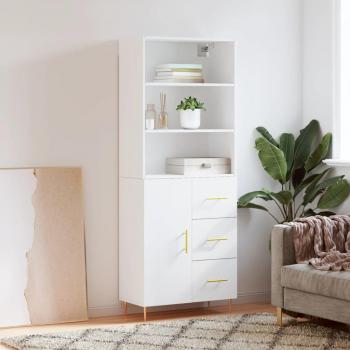 Aparador alto de madera contrachapada blanco 69,5x34x180 cm con 1 puerta y 3 cajones, mueble de almacenaje para salón, buffet y armario auxiliar