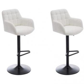 Conjunto de 2 taburetes de bar de tela rizada y metal negro - Altura ajustable - Blanco