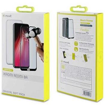 Muvit Pack Xiaomi Redmi 8A Funda Cristal Soft Transparente + Protector Pantalla Vidrio Templado Plano Marco Negro