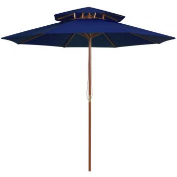 Sombrilla de dos niveles con poste de madera 270 cm Azul