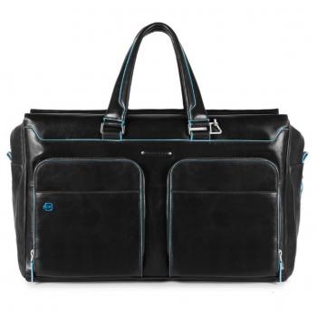 Piquadro Blue Square Black Leather Travel Duffel Bag with Laptop Compartment 15