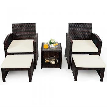5-Piece Patio Rattan Wicker Furniture Set with Ottoman & Tempered Glass Coffee Table