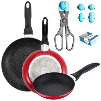 Pack de 3 sartenes San Ignacio Ø16CM Ø20CM Ø24CM + utensilio multiusos con 4 moldes intercambiables + 20 bandejas de conservación