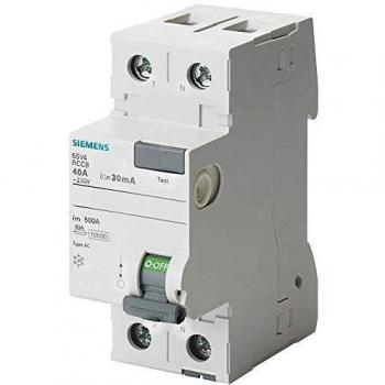 Interruptor diferencial Siemens 5SV, 2 Polos, 40A, Tipo AC, 30mA, Clase, 70mm