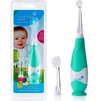 Cepillo de dientes eléctrico BabySonic de Brush-Baby para bebés y niños | Primeros dientes | 0-36 meses | Luz LED, vibración, temporizador de 2 min y base de succión | Con 2 cabezales y 1 pila AAA