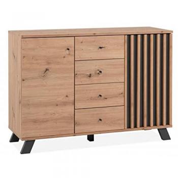 Aparador Medan 01B - Buffet de 2 puertas y 4 cajones en roble artesanal y antracita, dimensiones L118 x H85 x P40 cm