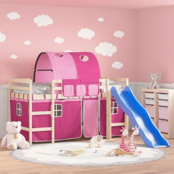 Cama alta para niños con túnel de madera de pino rosa 90x200 cm