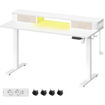 Escritorio Eléctrico Regulable 60x140cm, Altura Ajustable Sin Escalonamiento, Soporte para Monitor, Gancho, Función Memoria, Marrón Rústico, Blanco Nube, Roble