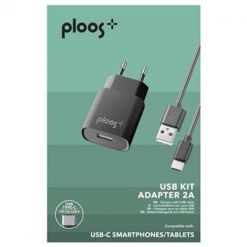 Cargador de Red 10W con Cable USB-C Negro y Adaptador para Auto Ploos 2A