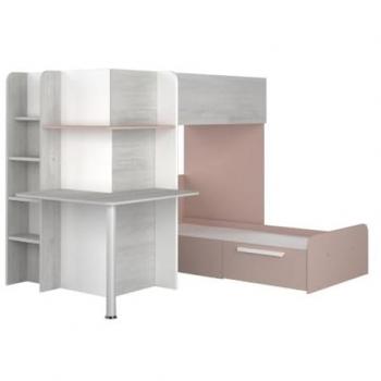 Litera rinconera 2 x 90 x 190 cm con escritorio en gris, blanco y rosa - SAMUEL