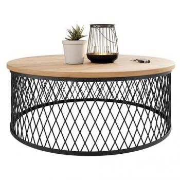 Mesa de centro redonda Oswego 128, roble dorado artesanal, 30 cm de altura, diámetro de 75 cm, aglomerado laminado, color negro