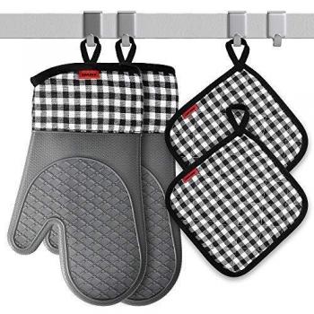 Ankway Guantes Horno, Manoplas de Horno Guantes de Silicona Resistencia al Calor un par + 2 Manteles Aislados para Hornear cocinar Barbacoa microondas, Parrilla