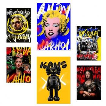 Set de 6 Pósters de Grafiti Pop (Marilyn, Kurt Cobain, Frida, Mona Lisa, Basquiat) para Decorar Habitaciones y Oficinas - Tamaños A3 y A4 Sin Marco