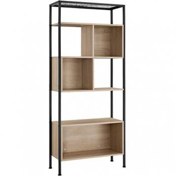 Estantería Hastings 75x31x170,5 cm - Estantería elegante de estilo industrial con cinco estantes, un gran compartimento inferior y dos compartimentos pequeños, tableros estables de aglomerado efecto madera con rec