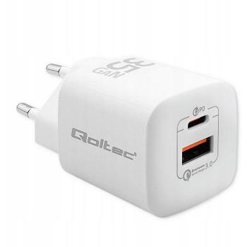 Cargador de Pared Qoltec 35W GaN Ultra | 5-20V | 2.25-3A | 1 x USB Tipo C PD | 1 x USB QC 3.0 | Blanco